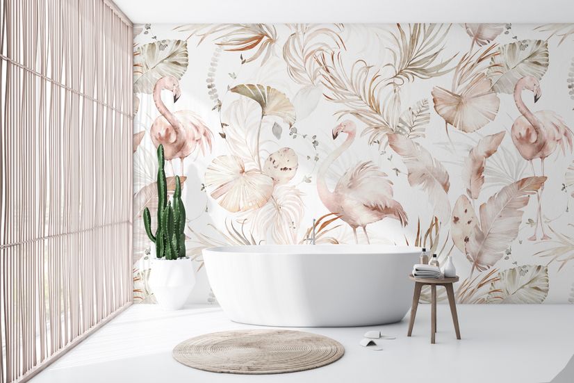 Soft Flamingo Art with Boho Tropical Leaf Wallpaper Mural