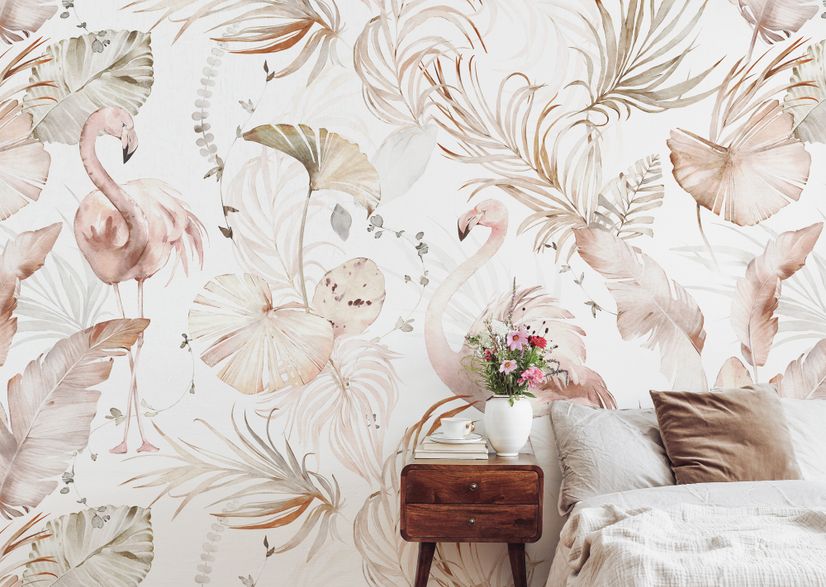 Soft Flamingo Art with Boho Tropical Leaf Wallpaper Mural