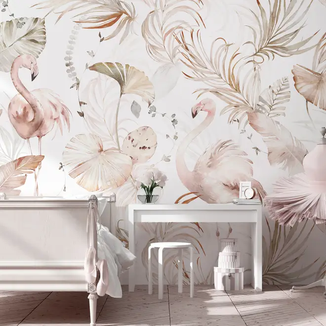 Soft Flamingo Art with Boho Tropical Leaf Wallpaper Mural