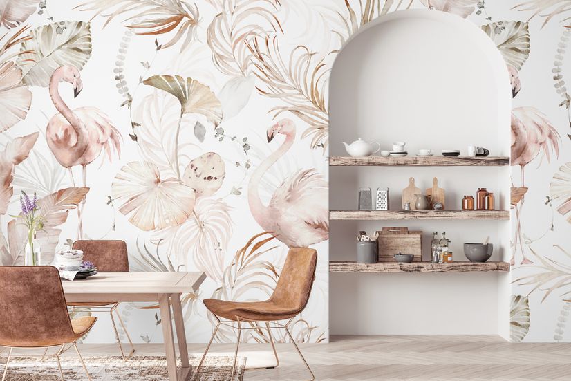 Soft Flamingo Art with Boho Tropical Leaf Wallpaper Mural