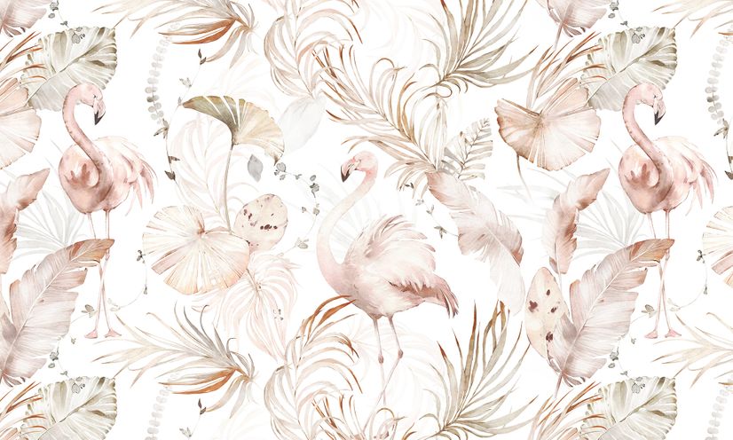 Soft Flamingo Art with Boho Tropical Leaf Wallpaper Mural
