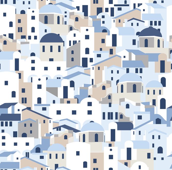 Cartoon Old Blue Greek House Wallpaper Mural