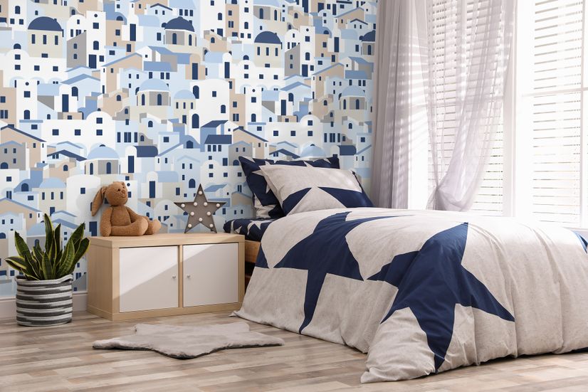 Cartoon Old Blue Greek House Wallpaper Mural