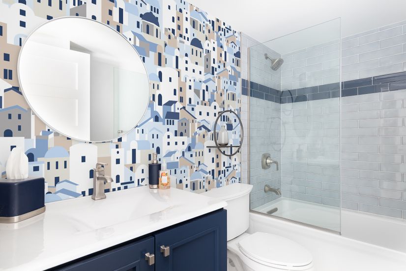 Cartoon Old Blue Greek House Wallpaper Mural