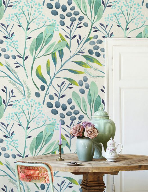 Green Leaf Branches with Berries Wallpaper Mural