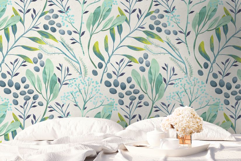 Green Leaf Branches with Berries Wallpaper Mural