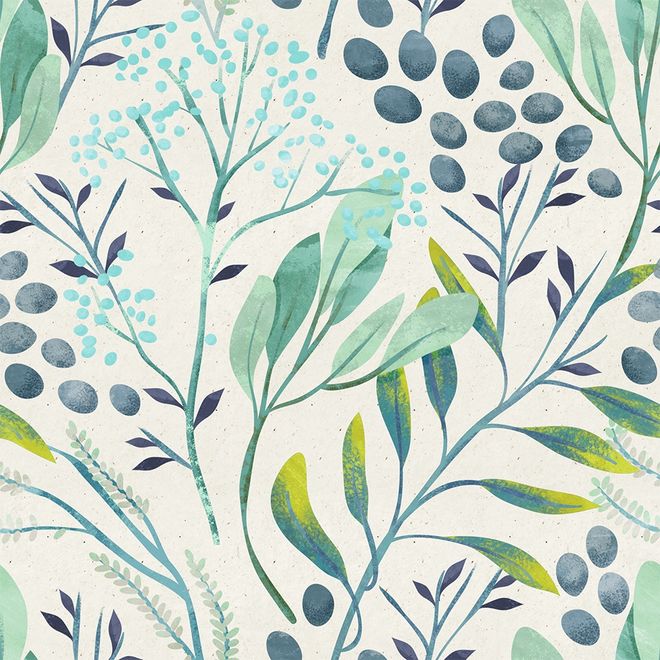 Green Leaf Branches with Berries Wallpaper Mural