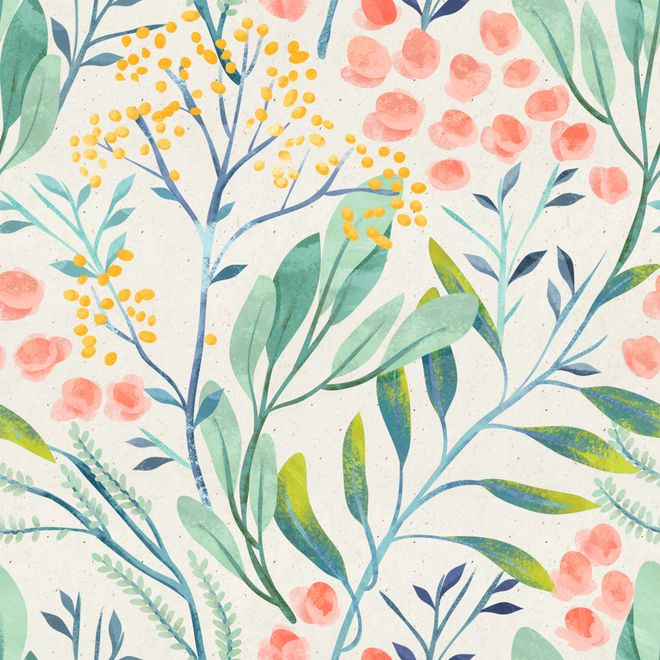 Watercolor Vintage Florals with Botanical Leaves Wallpaper Mural