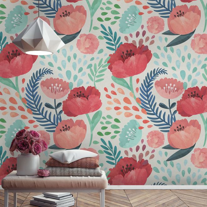 Watercolor Corn Poppy Floral Wallpaper Mural • Wallmur®