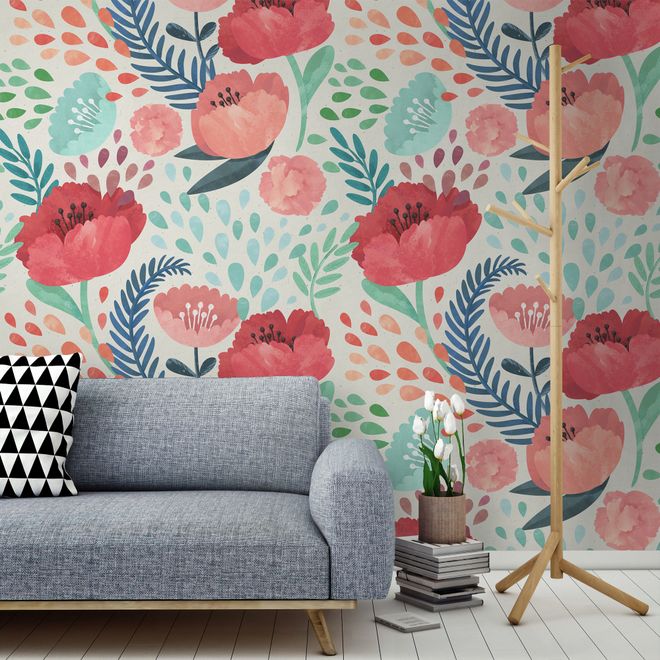Watercolor Corn Poppy Floral Wallpaper Mural