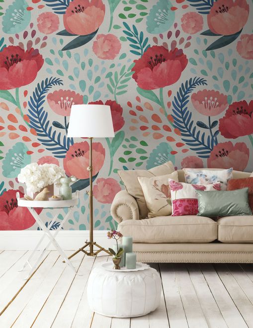 Watercolor Corn Poppy Floral Wallpaper Mural