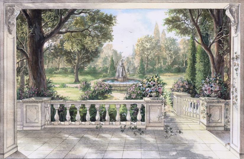 Soft Drawing Forest with Marble Fountain Wallpaper Mural