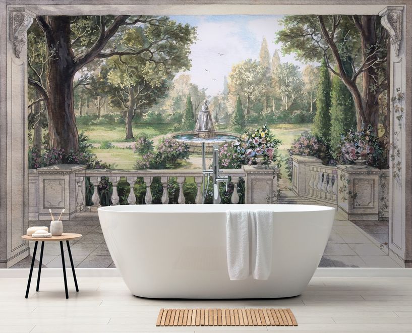 Soft Drawing Forest with Marble Fountain Wallpaper Mural