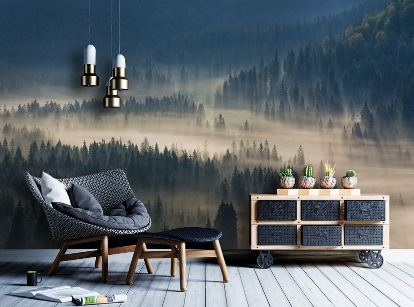 Foggy Pine Woods Landscape Wallpaper Mural