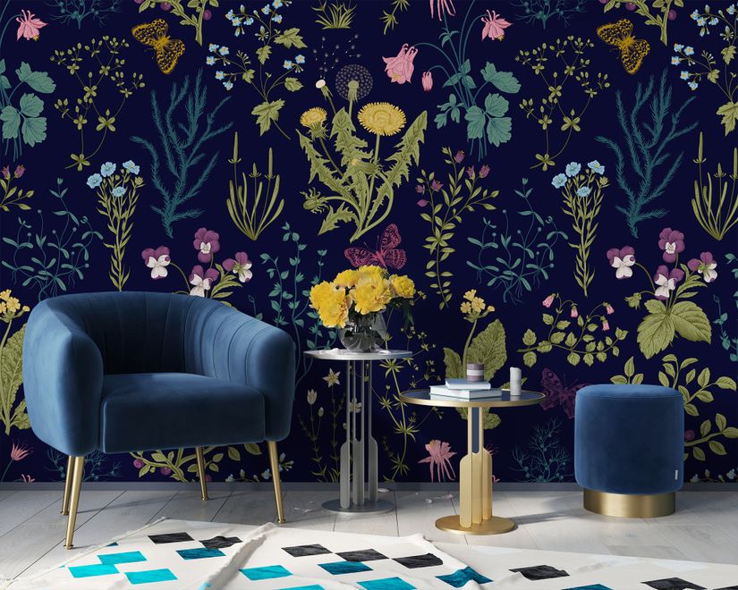 Little Herbs and Flowers on Dark Background Wallpaper Mural