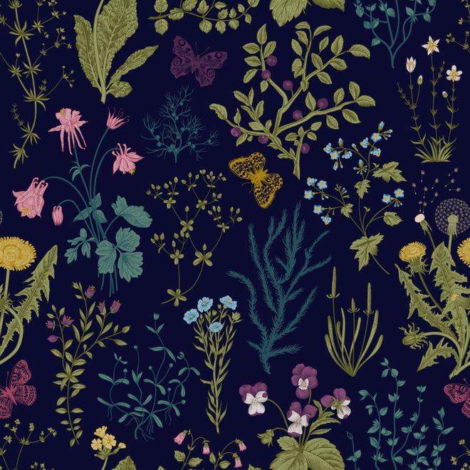 Little Herbs and Flowers on Dark Background Wallpaper Mural