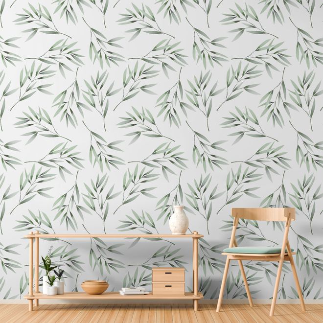 Watercolor Green Olive Leaves Pattern Wallpaper Mural
