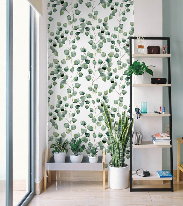 Watercolor Eucalyptus Leaf Pattern Wallpaper Mural