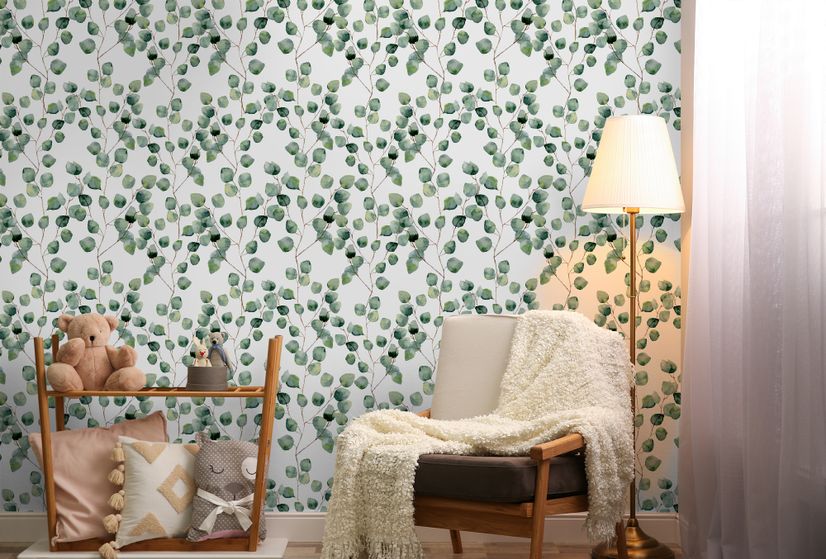 Watercolor Eucalyptus Leaf Pattern Wallpaper Mural