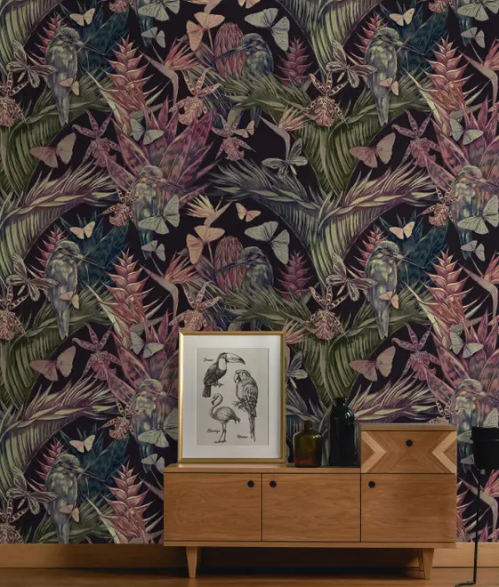 Tropical Birds on Branch with Butterflies Wallpaper Mural
