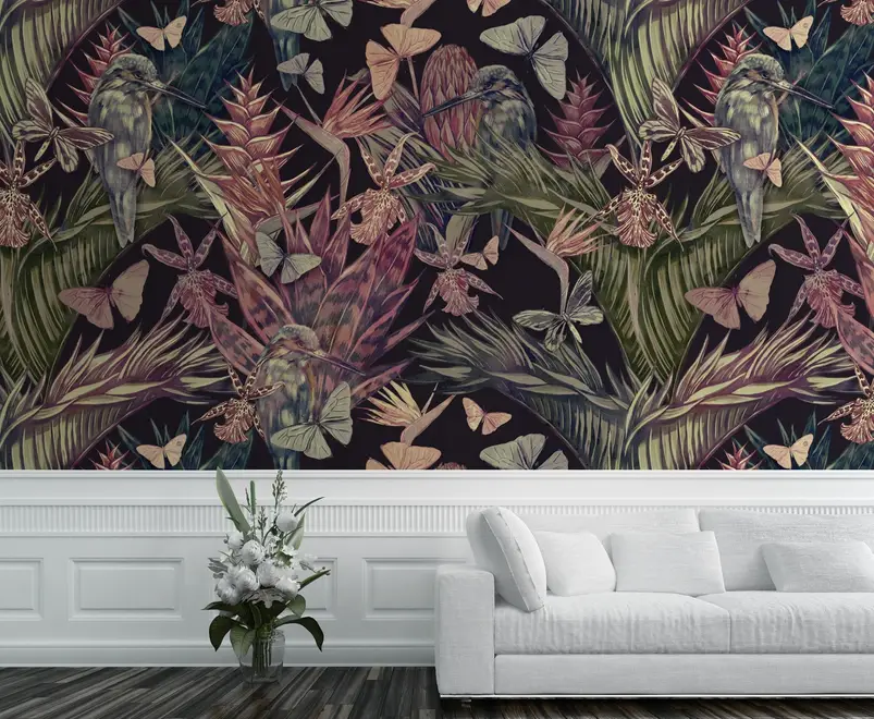 Tropical Birds on Branch with Butterflies Wallpaper Mural