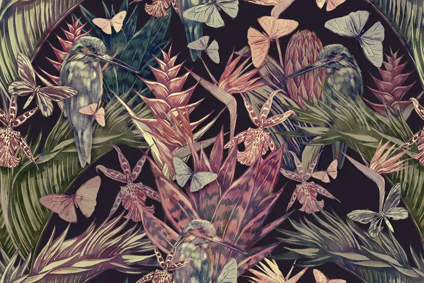Tropical Birds on Branch with Butterflies Wallpaper Mural