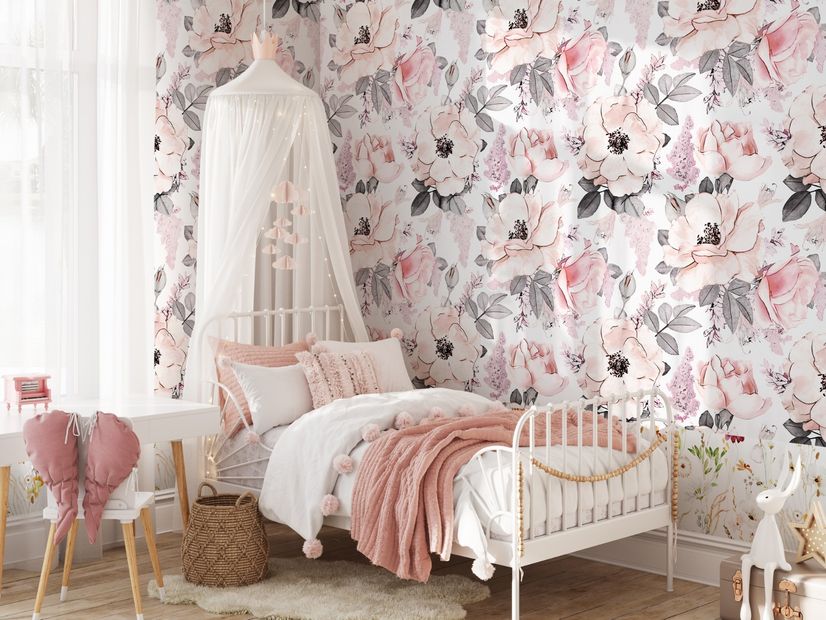 Kids Nursery Floral Pink Rose Pattern Wallpaper Mural
