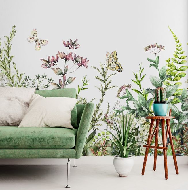 Wild Floral and Green Fresh Leaves Wallpaper Mural
