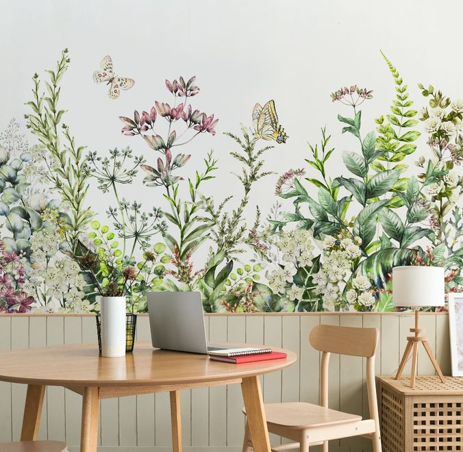 Wild Floral and Green Fresh Leaves Wallpaper Mural