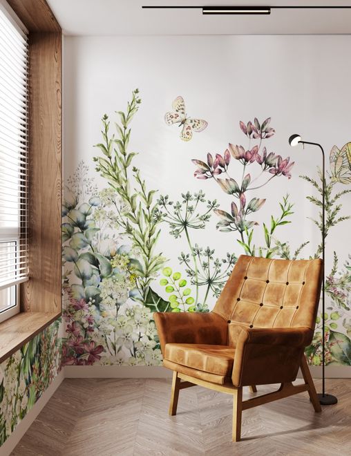 Wild Floral and Green Fresh Leaves Wallpaper Mural