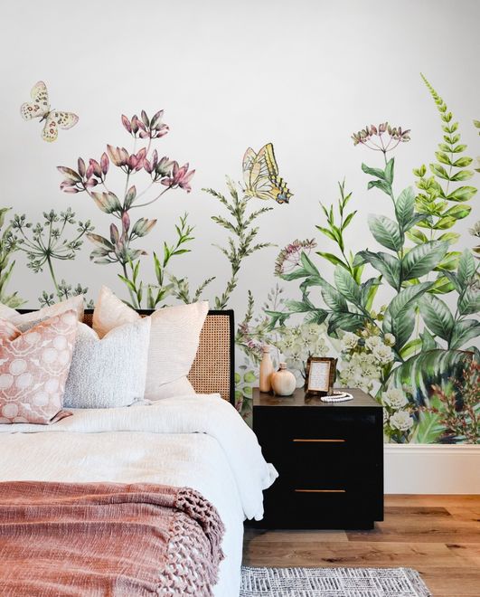 Wild Floral and Green Fresh Leaves Wallpaper Mural