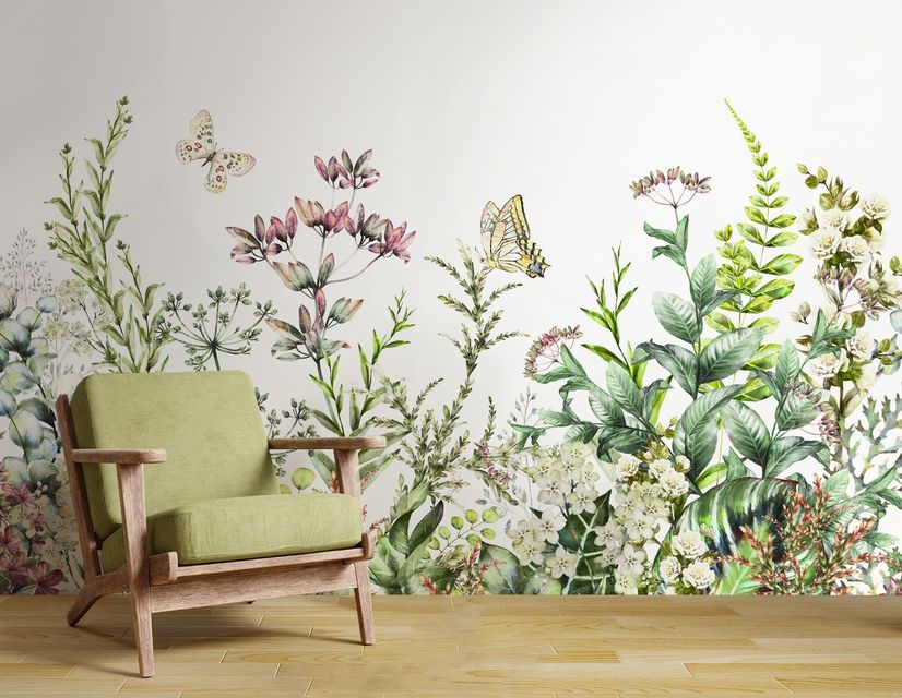 Wild Floral and Green Fresh Leaves Wallpaper Mural