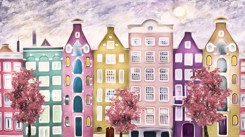 Dutch Style Colorful Houses and Red Trees Wallpaper Mural for Kids