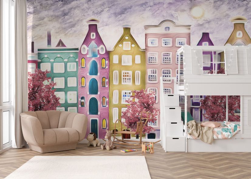 Dutch Style Colorful Houses and Red Trees Wallpaper Mural for Kids