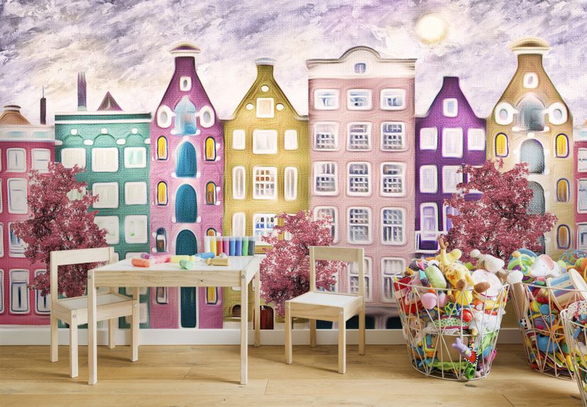 Dutch Style Colorful Houses and Red Trees Wallpaper Mural for Kids