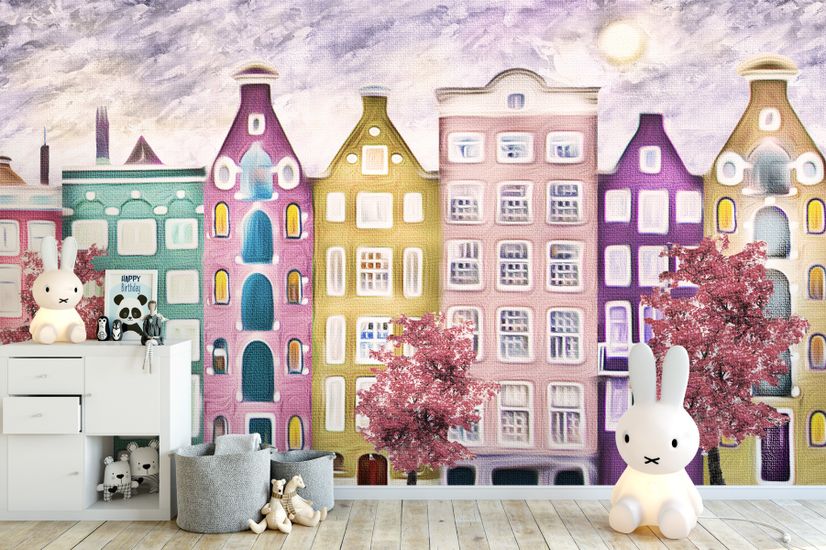 Dutch Style Colorful Houses and Red Trees Wallpaper Mural for Kids