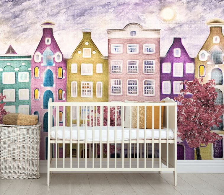 Dutch Style Colorful Houses and Red Trees Wallpaper Mural for Kids
