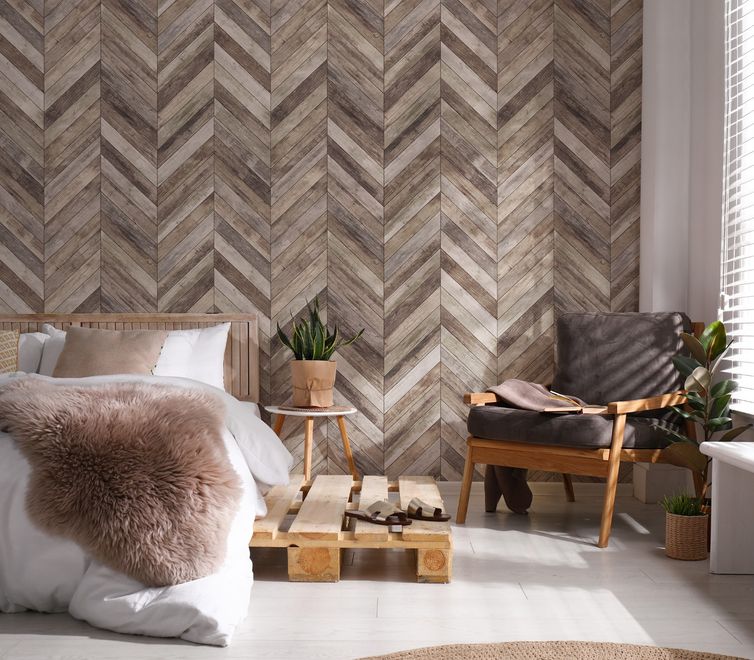 Natural Wood Texture Effect Chevron Wallpaper Mural
