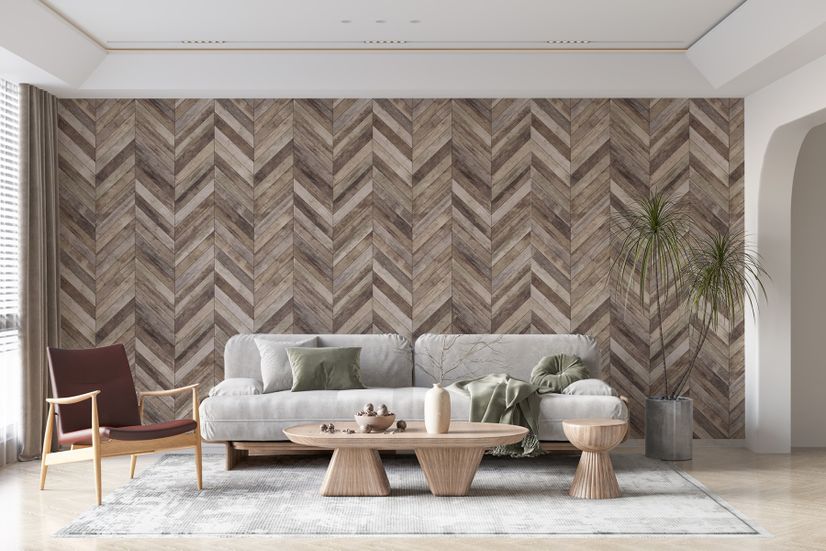 Natural Wood Texture Effect Chevron Wallpaper Mural