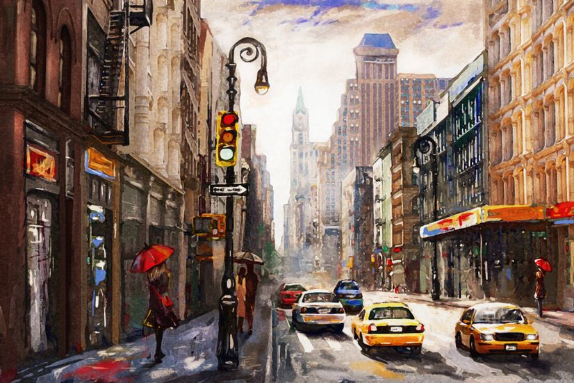 Oil Paintinging Style Street View of New York City Landscape Wallpaper Mural