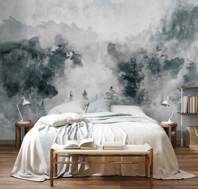 Watercolor Style Abstract Misty Dark Forest Wallpaper Mural
