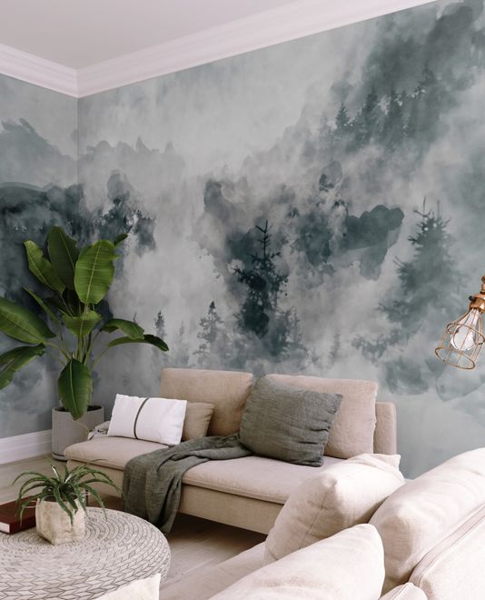 Watercolor Style Abstract Misty Dark Forest Wallpaper Mural