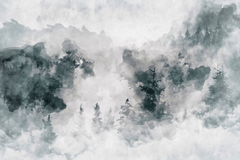 Watercolor Style Abstract Misty Dark Forest Wallpaper Mural