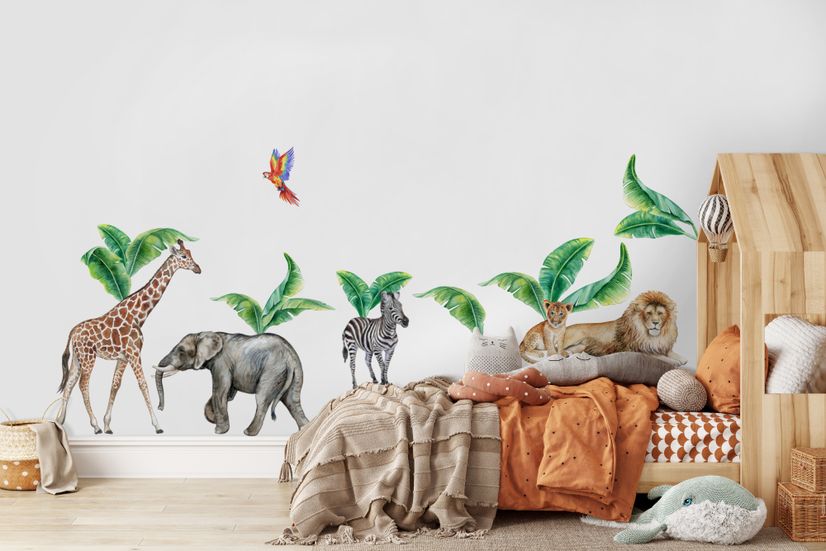 Kids Watercolor Safari Animals with Banana Leaves Wall Decal Sticker