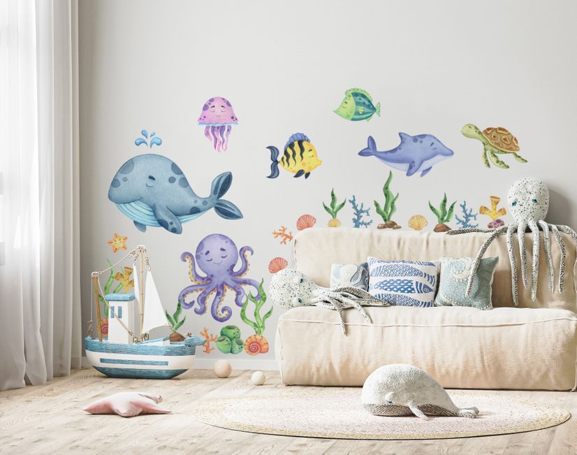Kids Nursery Undersea Wall Decals Cute Whale with Sea Animals Wall Sticker