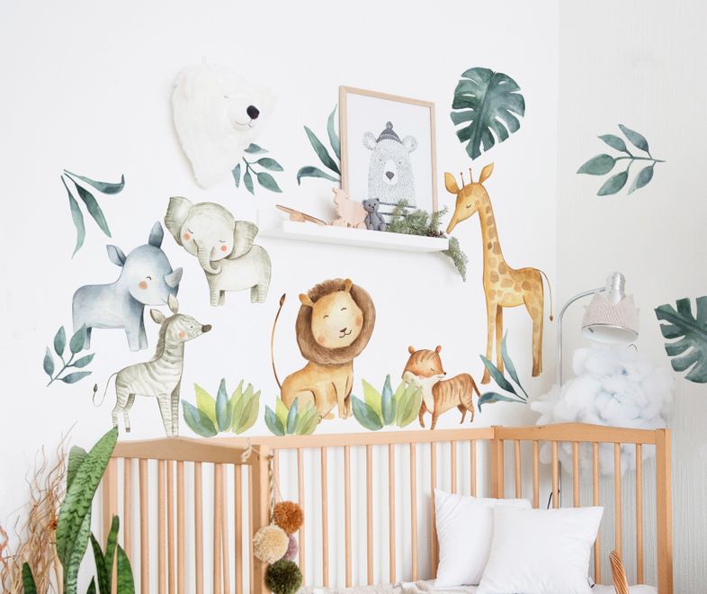 Kids Watercolor Safari Animals with Tropical Leaves Wall Decal Sticker