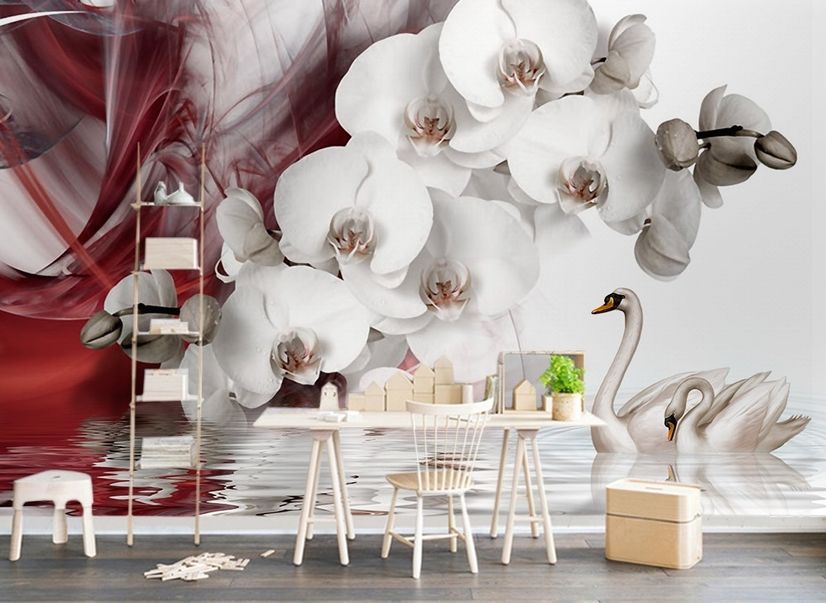 Swan and White Orchid with Red Smoke Pattern Wallpaper Mural