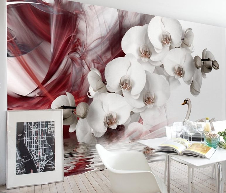 Swan and White Orchid with Red Smoke Pattern Wallpaper Mural