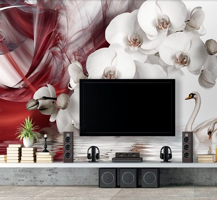 Swan and White Orchid with Red Smoke Pattern Wallpaper Mural