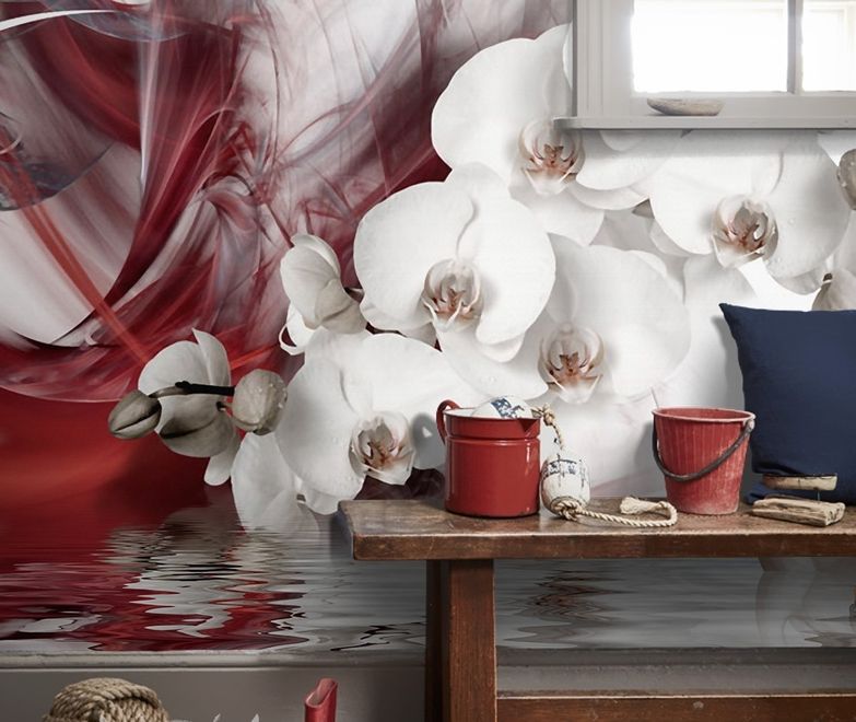 Swan and White Orchid with Red Smoke Pattern Wallpaper Mural